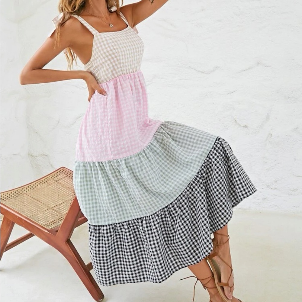 Color block gingham print dress - Picture 3 of 8